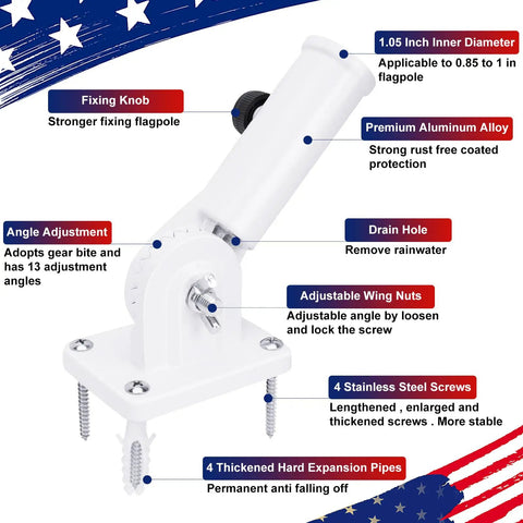 Flag Pole Holder Outdoor Mount For House Flag Poles Built Tough Aluminum Alloy Bracket Rust Free Adjustable Multi Position 1 Inch White Weatherproof Exterior Flag Pole Bracket with adjustable angle and stainless steel screws