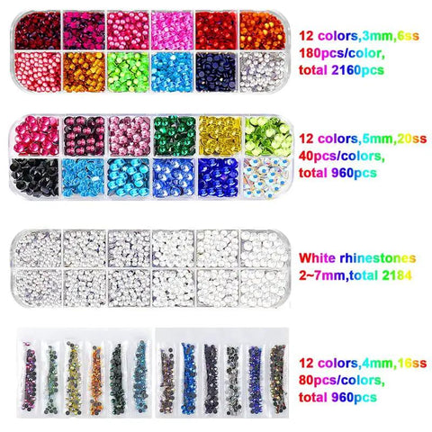 Assorted rhinestone colors and sizes from Hotfix Rhinestone Applicator Kit With 5784 Rhinestones, Bedazzler Wand Set.