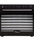No Sweat Electric Food Dehydrator With Digital Temperature Control And Smart Timer Rock Solid Dual Fans BPA Free Tray Stack Clear Glass Door black strong frame front view.