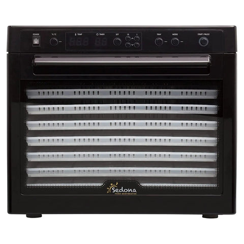 No Sweat Electric Food Dehydrator With Digital Temperature Control And Smart Timer Rock Solid Dual Fans BPA Free Tray Stack Clear Glass Door black strong frame front view.