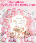10 Pack Transparent Balloon Arch Clips 3.5 Inch Heavy Duty Spring Clamps holding pink balloon arch for birthday decor