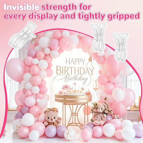 10 Pack Transparent Balloon Arch Clips 3.5 Inch Heavy Duty Spring Clamps holding pink balloon arch for birthday decor