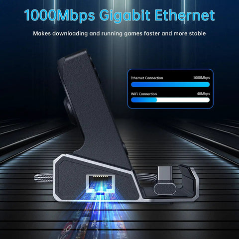 12 In 1 Dual Cooling Fan Docking Station For Steam Deck Rog Ally Xbox And Nintendo Switch With Hdmi 4K 60Hz Gigabit Ethernet And Type C Power Delivery showing 1000Mbps Ethernet port ensuring stable gaming connectivity.