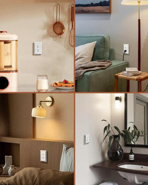 Four Pack White Metal Outlet Covers With Retro Texture installed in various home settings
