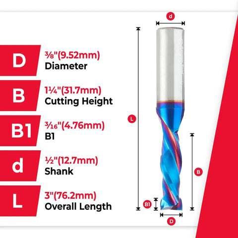 CNC Solid Carbide Mortise Cutter With Spektra Extreme Tool Life Coating, Three Eighths Inch Diameter, dimensions labeled