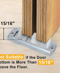 Close-up of 8 Pcs Sliding Closet Door Floor Guide Set Bypass Bottom Guide Adjustable Floor Guide in stamped steel installed on wooden door, showing 15/16" clearance.