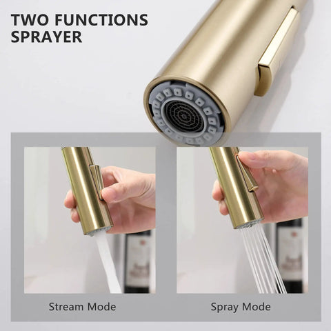 Gold Brushed Kitchen Faucet With Pull Down Sprayer Single Handle 360 Degree Swivel Low Arc Design 1 And 3 Hole Compatible With Deck Plate No Fuss Install For RV Bar Or Home Kitchen showing two-function sprayer modes, stream and spray.