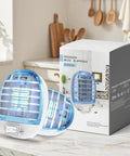 Indoor Bug Zapper With Blue Lights And Safe Design Ultra Effective Electronic Fly Trap Insect Killer For Living Room Home Kitchen Bedroom Baby Room And Office Two Pack, shown on a kitchen counter with packaging.