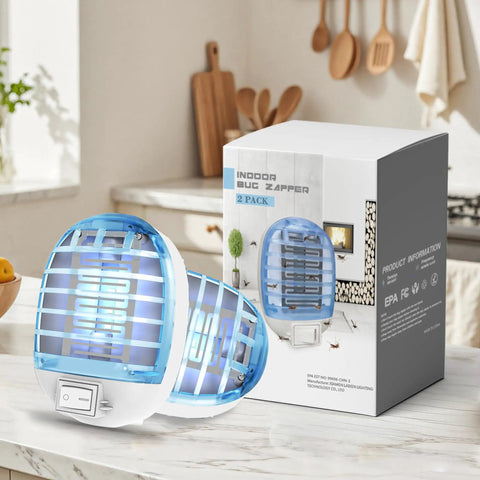 Indoor Bug Zapper With Blue Lights And Safe Design Ultra Effective Electronic Fly Trap Insect Killer For Living Room Home Kitchen Bedroom Baby Room And Office Two Pack, shown on a kitchen counter with packaging.
