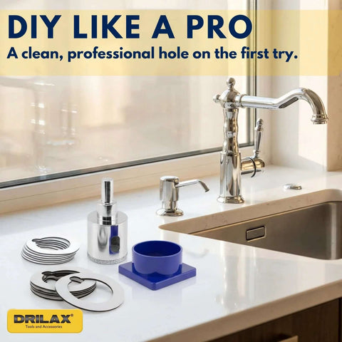 Drilax tool kit on a white kitchen counter with a chrome faucet; includes circular metal rings and a blue stand.