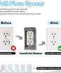 9 Piece Heavy Duty Metal Receptacle Spacers With Insulated Coating To Straighten Out Recessed Walls And Fix Wobbly Outlets For Solid Wall Plate Installation Without Loose Or Sloppy Jacks before and after images of outlet spacer.