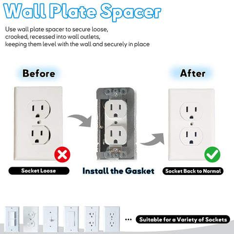 9 Piece Heavy Duty Metal Receptacle Spacers With Insulated Coating To Straighten Out Recessed Walls And Fix Wobbly Outlets For Solid Wall Plate Installation Without Loose Or Sloppy Jacks before and after images of outlet spacer.