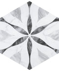 Dope Bardiglio Hex Flower Porcelain Tile 7x8 For Floor And Wall, glazed finish with grey veining, subtle tone variation.