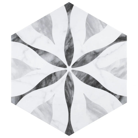 Dope Bardiglio Hex Flower Porcelain Tile 7x8 For Floor And Wall, glazed finish with grey veining, subtle tone variation.