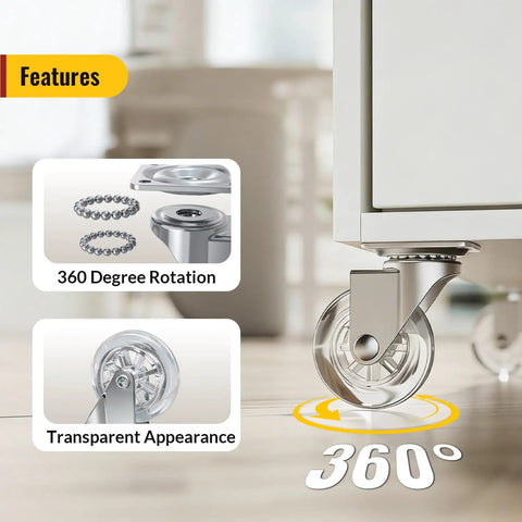 Slick Two Inch Clear Casters Featuring Top Shelf Polyurethane Build With A Heavy Duty Two Hundred Sixty Five Pound Rating For No Sweat Rolling On Hardwood Tile Or Carpet Floors Perfect For DIY Furniture Refreshes And Solid Workbench Upgrades Set Of Four, showcasing 360-degree rotation and transparent wheel design.