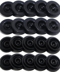 Flat lay of 20 black rubber trailer hub cap plugs, 1.98-inch diameter, for 2000–3500 lb axles