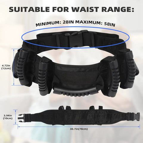 Black Gait Belt With Easy Grab Handles For No Fuss Transfers And Smooth Mobility Support, shown with size dimensions and quick-release buckle.