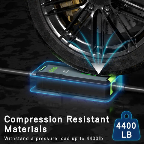 Portable Level One And Two EV Charger With 16 Amp Muscle And A Tough 21 Foot Cord Made For Every J1772 Electric Model under tire, showing 4400 lb load capacity.