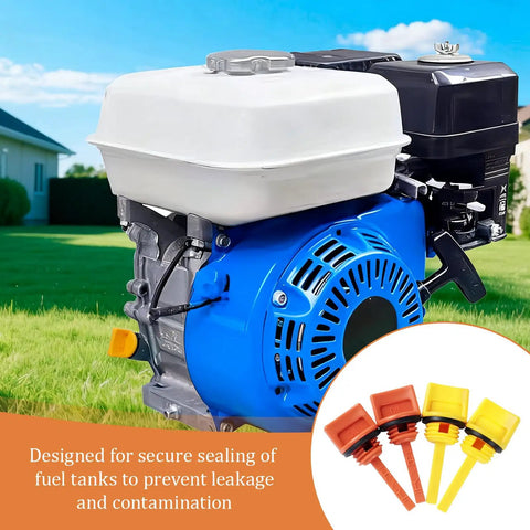 4 Piece Oil Filler Cap Assembly Kit For Small Gas Engines And Portable Generators Including Predator Champion Firman 196cc 212cc 208cc 224cc Models With M18 And M20 Dipsticks shown with orange and yellow dipsticks