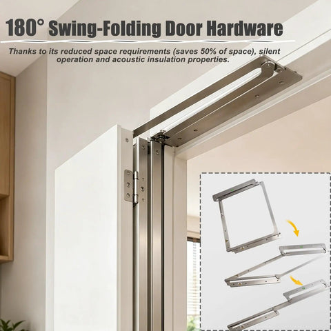 Premium Grade 180 Degree Stainless Steel Folding Door Hinge With Smooth Concealed Pivot For Flush Wall Install and Tight Squeeze Fixer Space Saving Cabinet Hardware Kit in action with folded door.