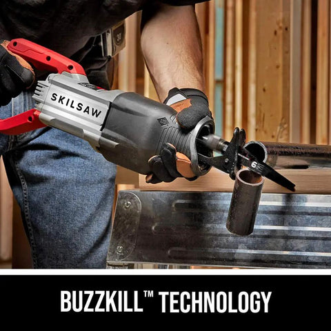 Beastly Power 13 Amp Corded Reciprocating Saw with Buzzkill technology cutting a metal pipe on a jobsite.