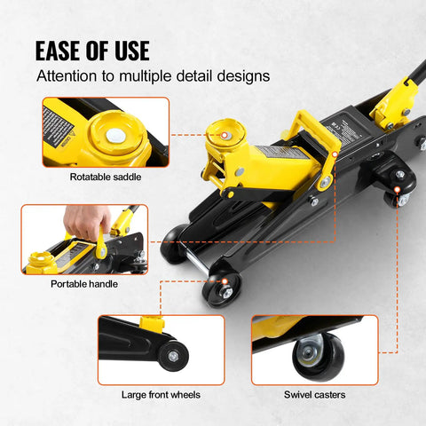 Low Profile 2 Ton Floor Jack For Cars Heavy Duty Iron Hydraulic Car Jack With Quick Lift Pump 4.9 To 13.2 Inch Lift Range Single Piston Yellow Finish featuring rotatable saddle, portable handle, large front wheels, and swivel casters
