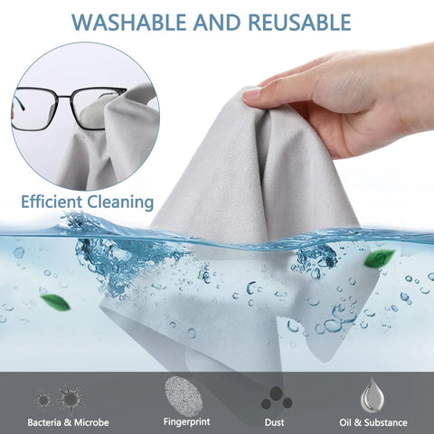 Front view of gray microfiber cleaning cloth, 12x12 inches, for eyeglasses and screens.