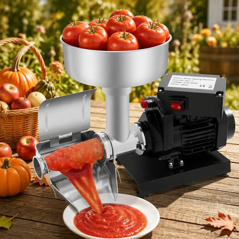 Heavy Duty Electric Tomato Strainer 450W Stainless Steel Sauce Maker with funnel, tomatoes, and fresh puree on a plate.