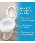 Raised Toilet Seat With Extra Wide Opening Adds 4.25 Inches Of Height For Seniors And Handicap No Tools Required Easy Install Riser White Safe Lock System Supports Up To 300 Pounds on a bathroom toilet with benefits highlighted.