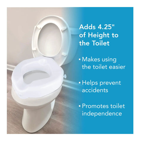 Raised Toilet Seat With Extra Wide Opening Adds 4.25 Inches Of Height For Seniors And Handicap No Tools Required Easy Install Riser White Safe Lock System Supports Up To 300 Pounds on a bathroom toilet with benefits highlighted.