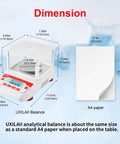 Analytical Balance 100g x 0.001g Precision Lab Scale With RS232 LCD, size comparison with A4 paper, dimensions labeled.