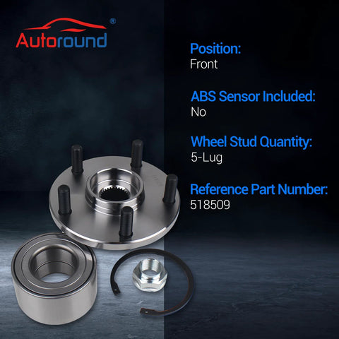 Front Wheel Bearing And Hub Assembly Set Of 2 For Toyota Camry 1992-2003 Sienna 1998-2003 Avalon 1995-2004 Solara 1999-2003 Lexus ES300 RX300 1999-2003 Five Lugs Non ABS Front Left And Front Right For Your Ride displayed with components including bearing and nuts.