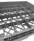 Built Tough Commercial Glass Cup Rack With Sixteen Compartments Dishwasher Safe Design showing gray heavy duty organizer from an angle.
