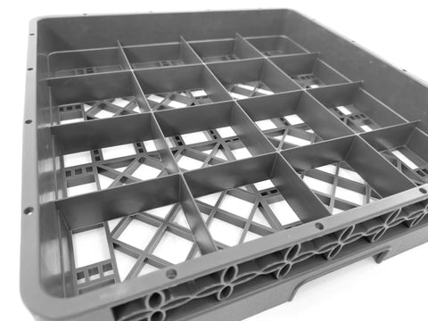Built Tough Commercial Glass Cup Rack With Sixteen Compartments Dishwasher Safe Design showing gray heavy duty organizer from an angle.