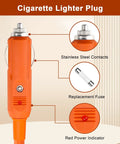 Cigarette lighter plug features stainless steel contacts, replacement fuse, and red power indicator for Heavy Duty 10 Foot 14Awg Car Charging Cable.