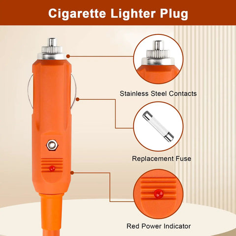 Cigarette lighter plug features stainless steel contacts, replacement fuse, and red power indicator for Heavy Duty 10 Foot 14Awg Car Charging Cable.