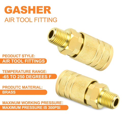 GASHER brass air tool fittings, 1/4-inch NPT male quick-connect couplers, two