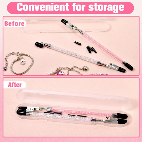 Two Piece Bracelet Helper Tool Set With Quick Release Clasp Assist For Easy Grab And Go Wearing Of Bracelets And Necklaces Including Hook And Clip And Storage Box Adjustable 195mm Extend White And Pink shown before and after storage