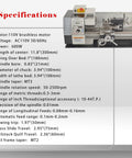 Specifications of Jaryannix 7X12 Inch Mini Metal Benchtop Lathe With Variable Speed Control Digital Display 600W Brushless Motor