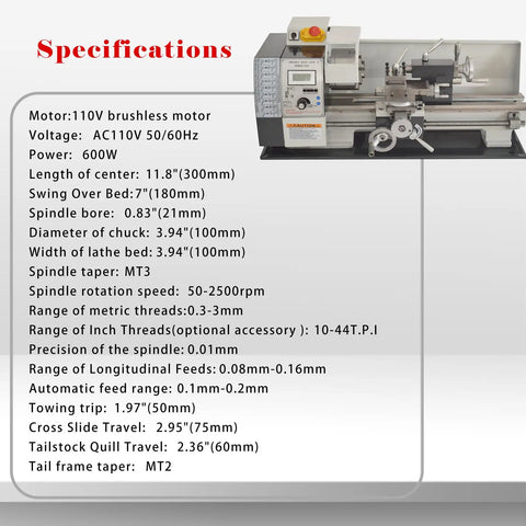 Specifications of Jaryannix 7X12 Inch Mini Metal Benchtop Lathe With Variable Speed Control Digital Display 600W Brushless Motor