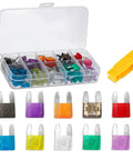 Hella Durable 120 Piece Car Fuse Assortment Kit With Heavy Duty Puller Tool, assorted auto blade fuses in clear storage box.