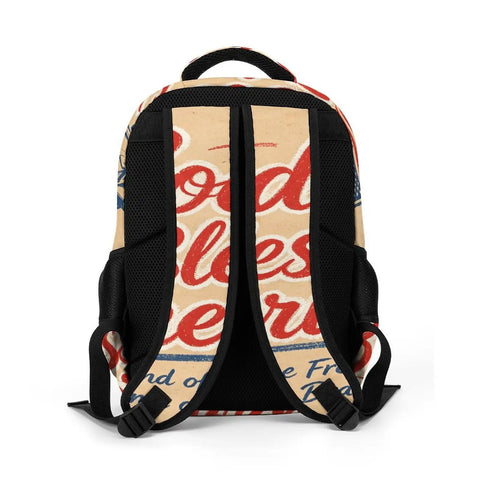 Back view of Patriotic USA Poster Print Backpack For Everyday Use, featuring adjustable padded straps and breathable polyester panels.