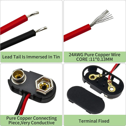 Ten Pack T Type 9 Volt Clip Battery Connector With Hard Plastic Shell For Diy Projects And School Experiments Easy Solder Tail Durable Build Reliable 9V Power Clip Kit For Labs And Hobbyists, 24AWG red and black wires