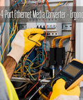 Technician installing Plug And Play Open SFP Slot DIN Rail Gigabit Ethernet Switch with tools in industrial cabinet.