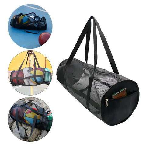 Heavy Duty Mesh Dive Bag For Gear And Sports Equipment, Foldable Duffel With Large Net Bag, shown with sports items inside.