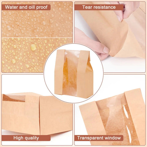 Large Kraft Paper Bread Bags With Window 13.7 Inch By 8.2 Inch By 3.5 Inch 30 Pack, highlighting water resistance, tear resistance, quality