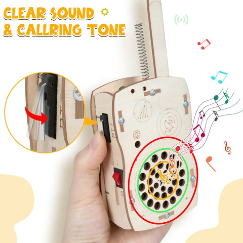 Close-up of Rad Do It Yourself Science Kit Walkie Talkies For Kids Aged 8 To 12 showing electronics and sound features