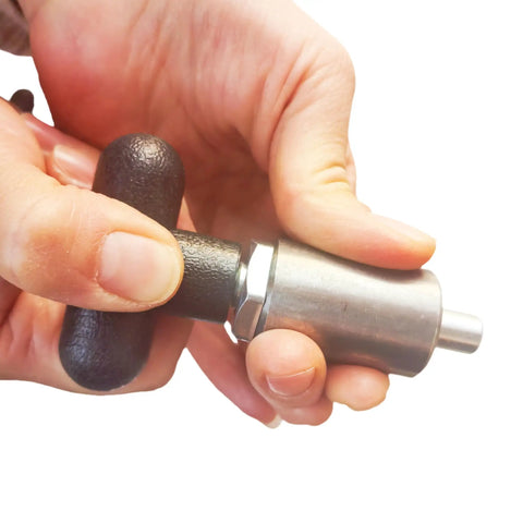 Heavy Duty Spring Loaded Pull Pin With Rock Solid Welded Steel Core Black T Handle Lever Knob being operated for quick release.
