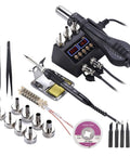 750W Soldering Iron Station 2 In 1 Hot Air Rework Station With LCD Dual Digital Displays, complete set of tools visible.