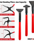 Three Piece Sheet Metal Bending Pliers Set With Straight 45 Degree And 90 Degree Jaws For Roofers And Plumbers showing jaw capacity